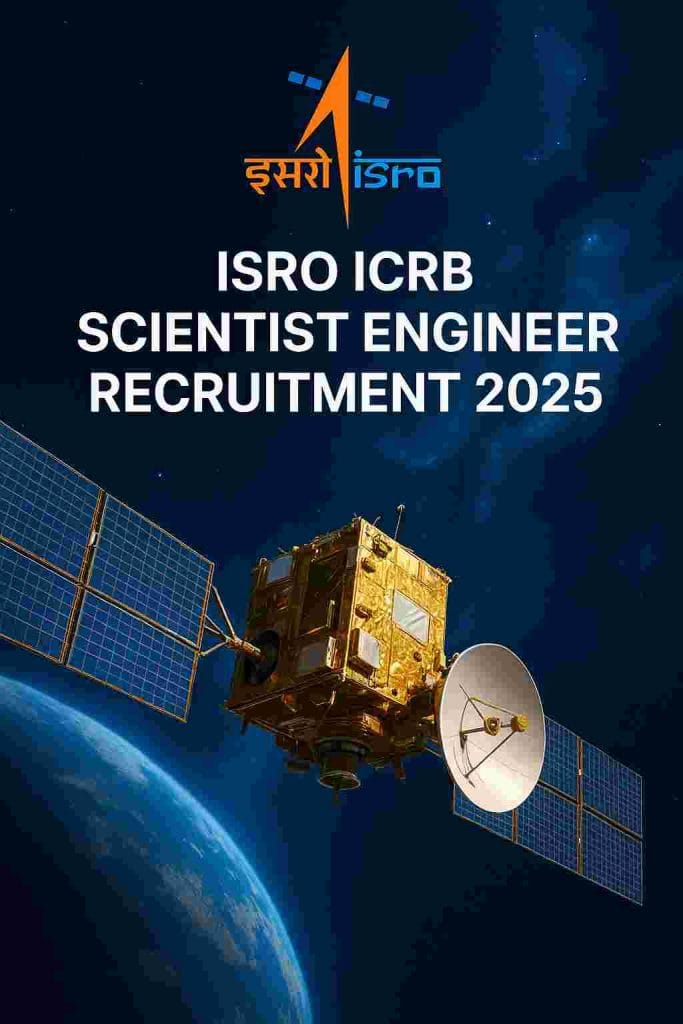 ISRO ICRB Scientist Engineer Recruitment 2025 promotional banner featuring a golden satellite orbiting Earth with the ISRO logo and title text against a dark blue cosmic background.