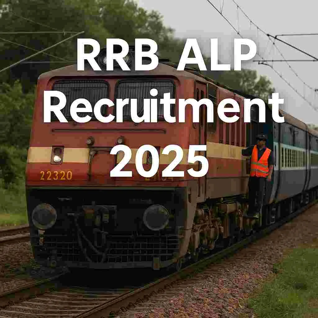 Indian Railways locomotive with Assistant Loco Pilot in uniform standing at the door, overlaid with the text 'RRB ALP Recruitment 2025