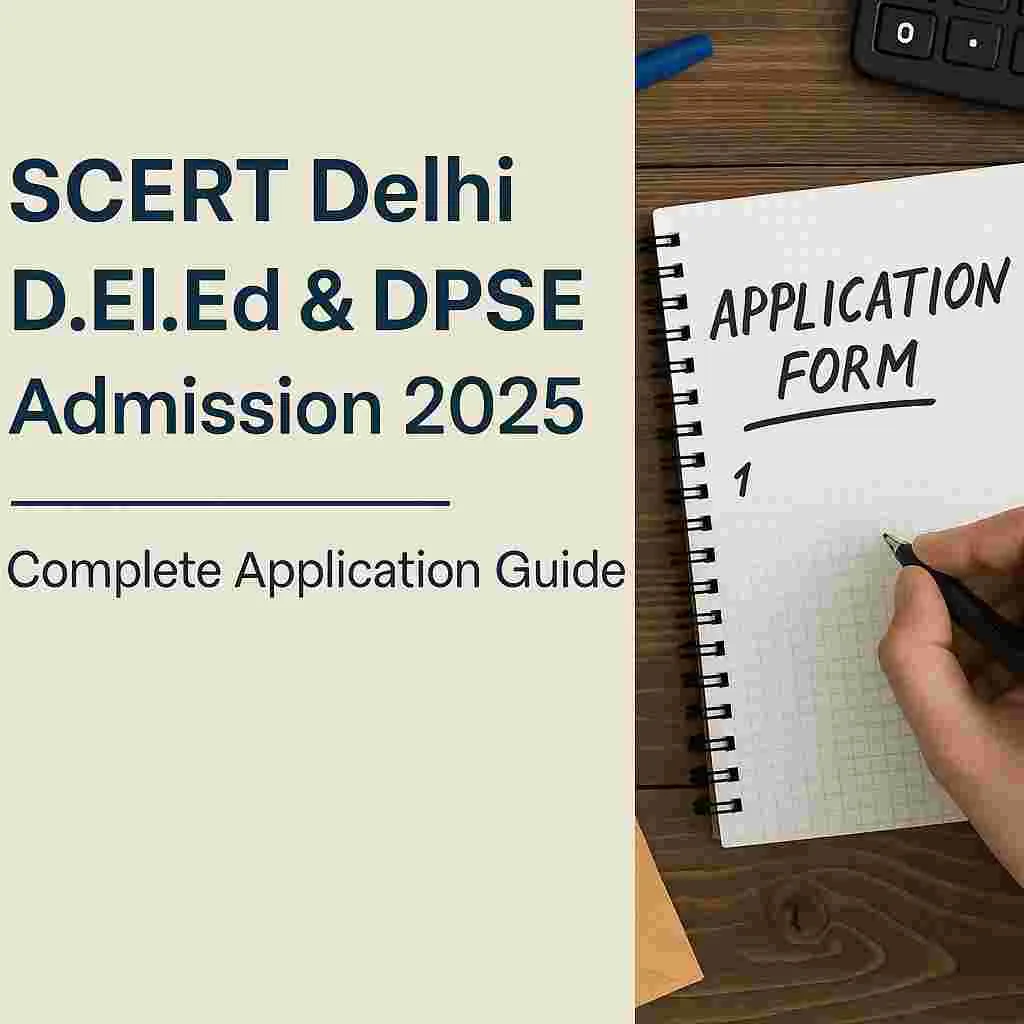 Promotional graphic for SCERT Delhi D.El.Ed & DPSE Admission 2025. The left side features bold blue text on a beige background reading "SCERT Delhi D.El.Ed & DPSE Admission 2025 – Complete Application Guide", while the right side shows a hand writing "Application Form" in a spiral notebook placed on a wooden desk alongside a calculator and envelope