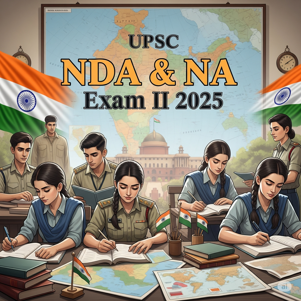 A vibrant image showing diverse candidates studying for the UPSC NDA & NA Exam II 2025, surrounded by books, maps, and national symbols, reflecting their dedication to joining the Indian defense forces.