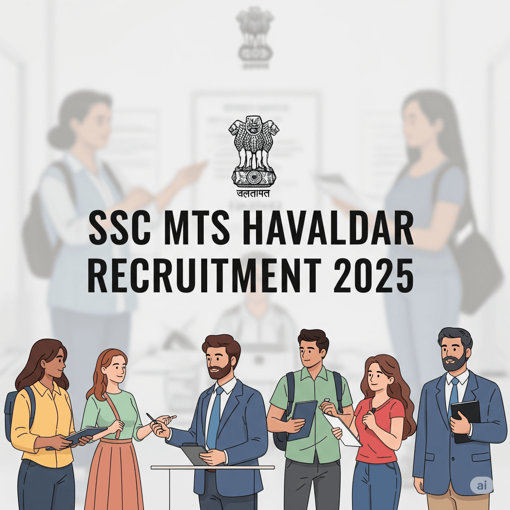 An image with the text "SSC MTS Havaldar Recruitment 2025" prominently displayed, set against a background that suggests recruitment or government jobs, possibly featuring a subtle blend of professional individuals and official emblems.