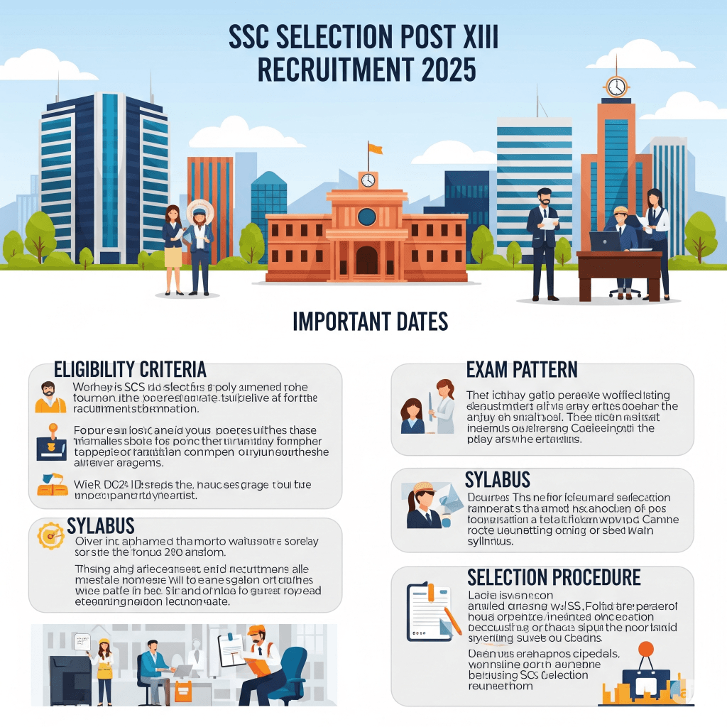 An infographic detailing the SSC Selection Post XIII Recruitment 2025, including eligibility, dates, exam pattern, and selection procedure, set against a professional backdrop.