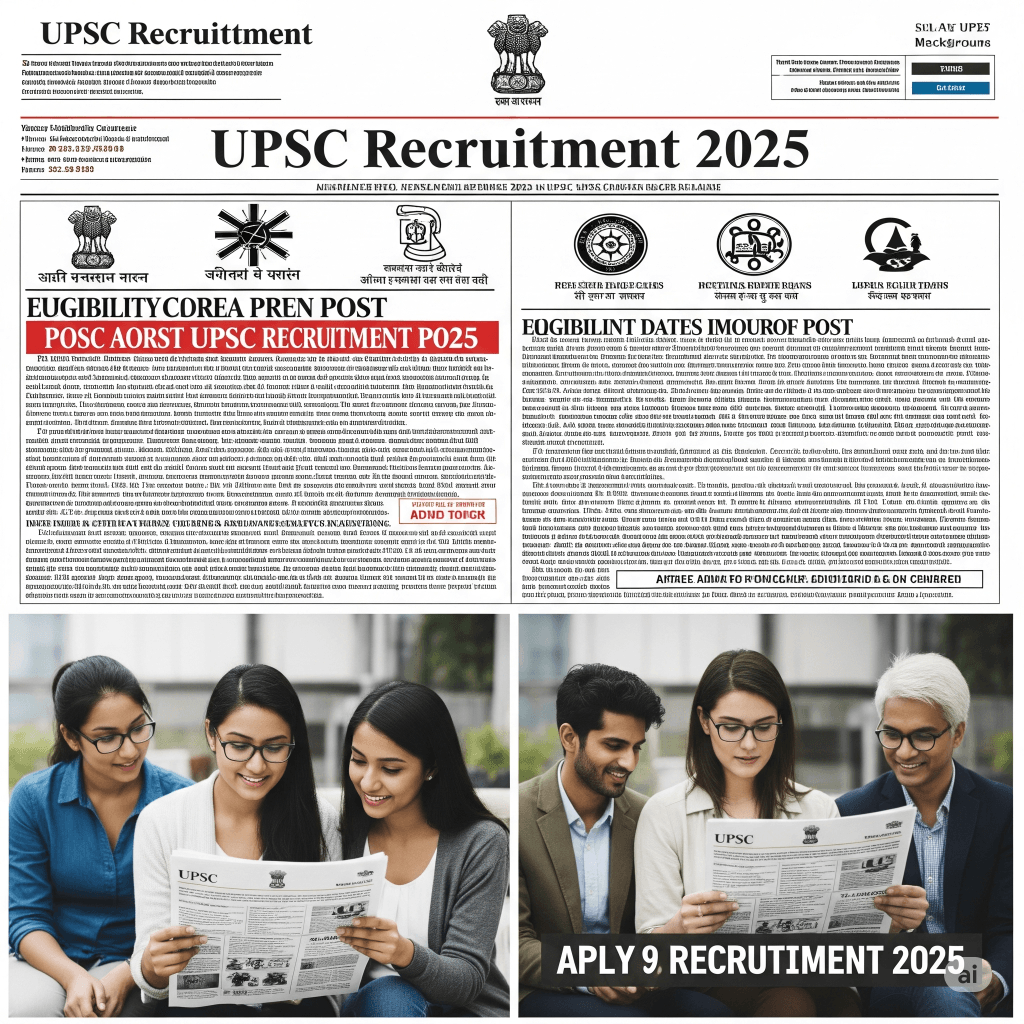 An advertisement showcasing UPSC Recruitment 2025 for various posts, highlighting eligibility and application details, with a diverse group of aspiring candidates.