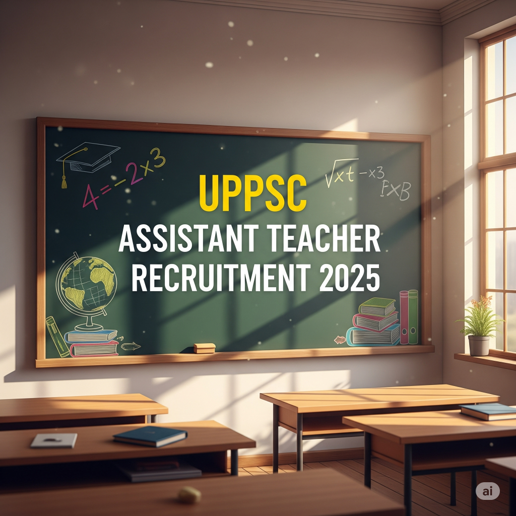 An image with the words "UPPSC Assistant Teacher Recruitment 2025" on a background related to education or a classroom.