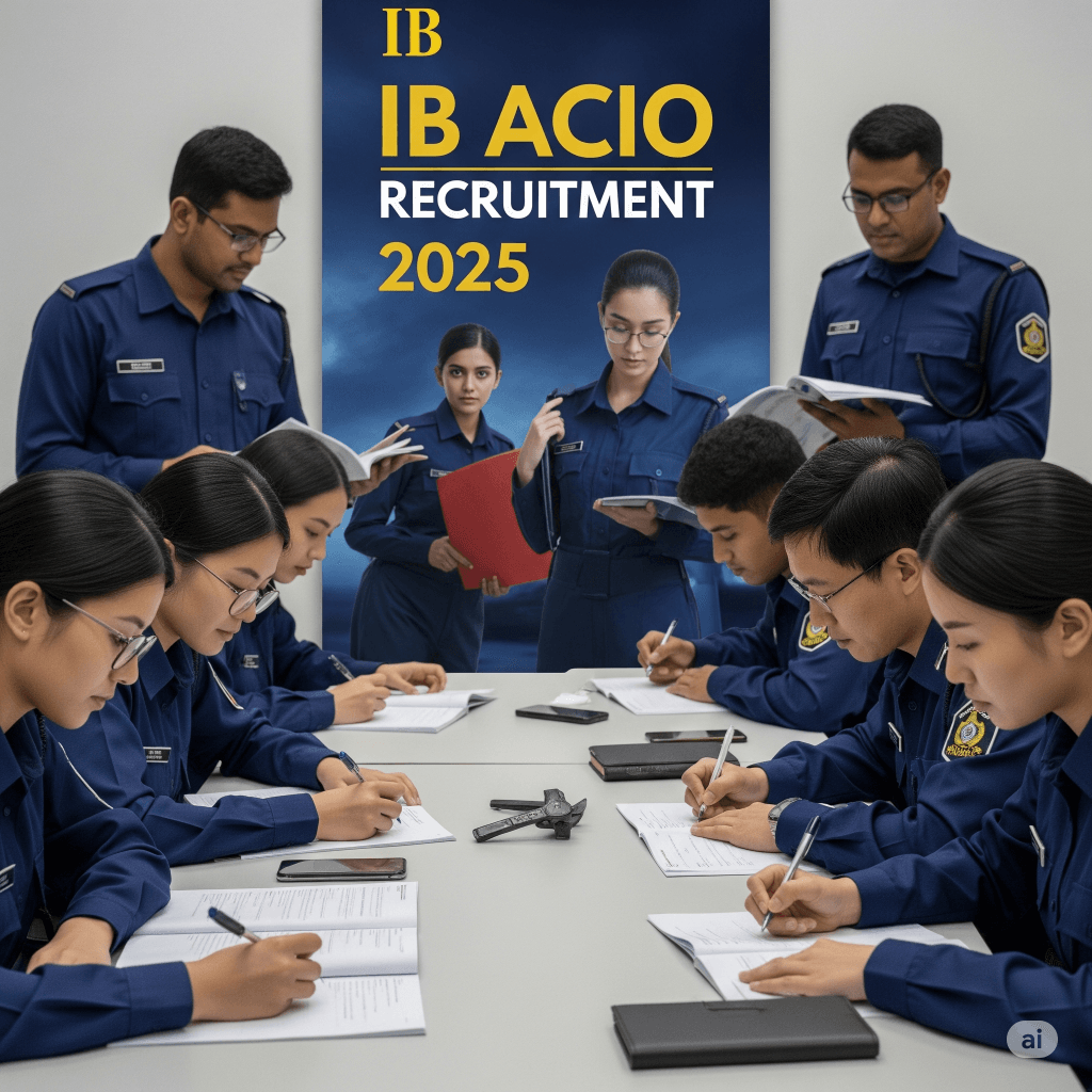 A professional photograph depicting a diverse group of individuals preparing for the IB ACIO Recruitment 2025, with the advertisement prominently displayed in the background.