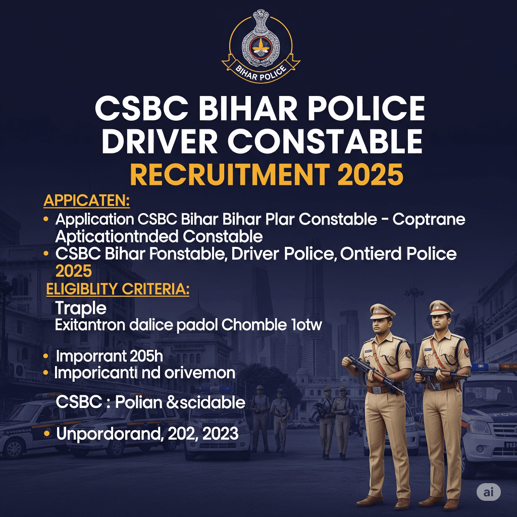 n image with "CSBC Bihar Police Driver Constable Recruitment 2025" and other recruitment details, with police officers and vehicles in the background.