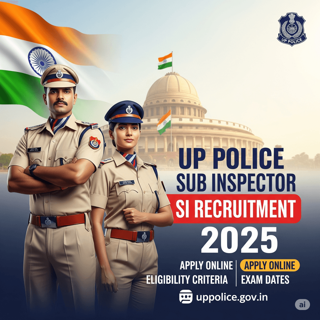 Two male and female police officers in UP Police uniforms stand in front of the Uttar Pradesh Legislative Assembly building, with the text "UP Police Sub Inspector SI Recruitment 2025" prominently displayed.