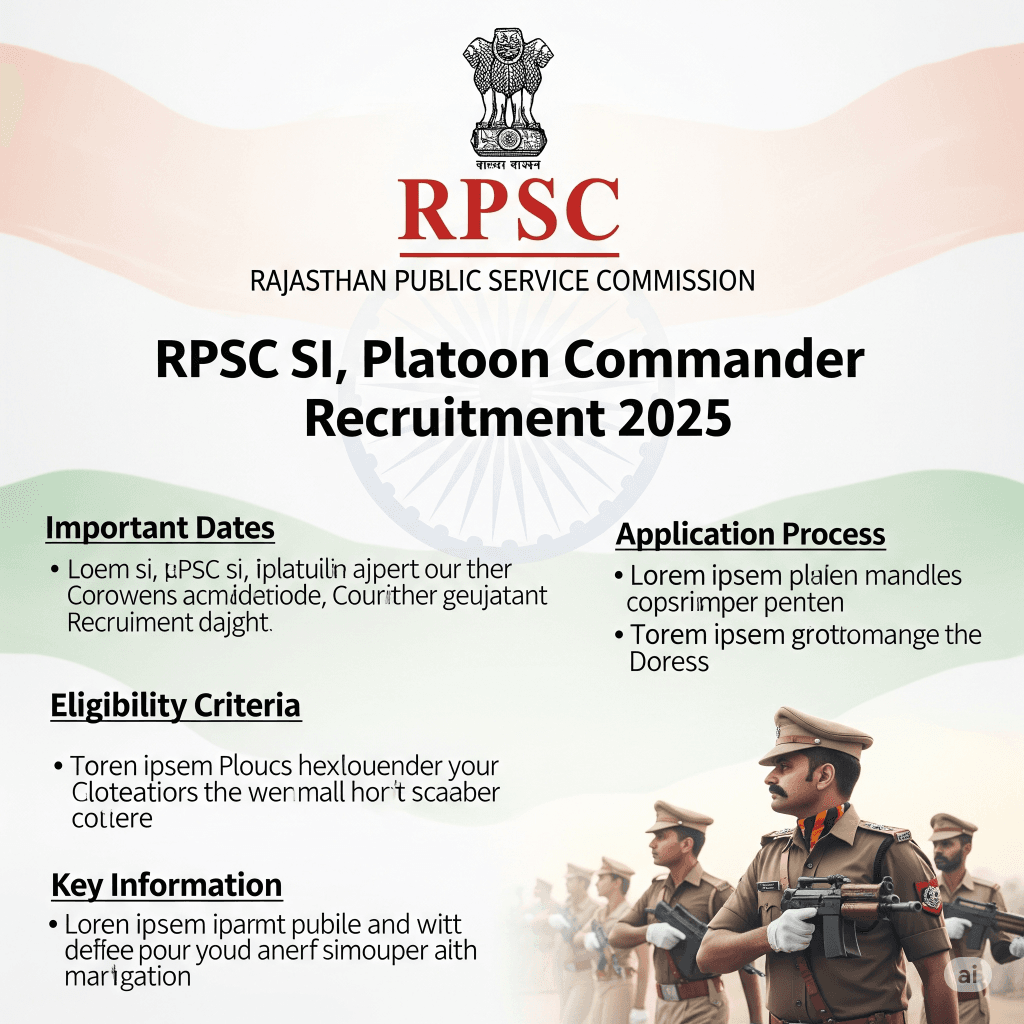 An official-looking recruitment advertisement for the "RPSC SI, Platoon Commander Recruitment 2025," featuring the RPSC logo, key information sections, and a background image of police officers.