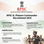 An official-looking recruitment advertisement for the "RPSC SI, Platoon Commander Recruitment 2025," featuring the RPSC logo, key information sections, and a background image of police officers.